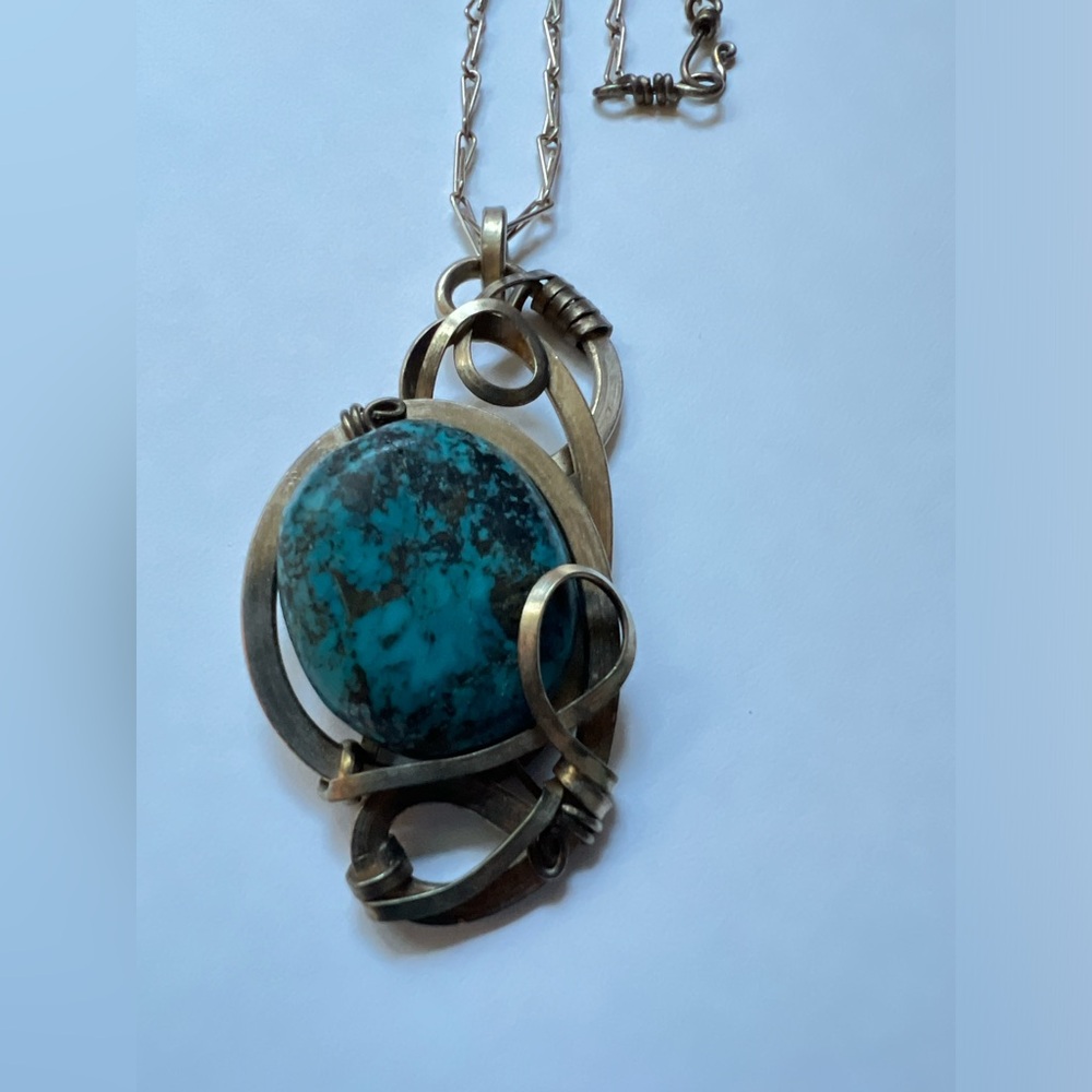 Artistic Wire Wrapped Stone Pendant Necklace - Silver & Turquoise Colored - Picture 12 of 12
